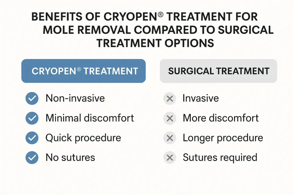 Table to show the benefits of getting moles removed Gateshead from LA LIPO