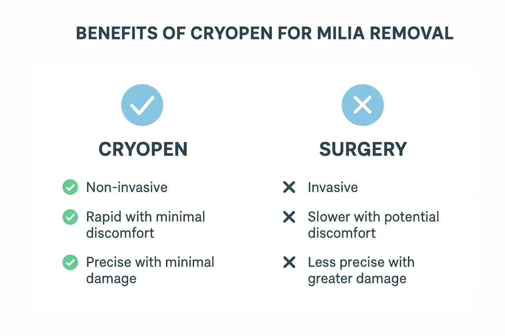 Benefits of cryopen for milia removal Gateshead compared to surgical treatments.