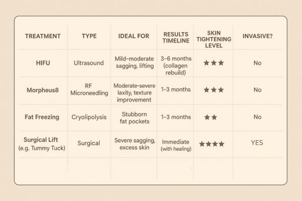 Table showing the comparisons of Skin tightening Gateshead treatment options.